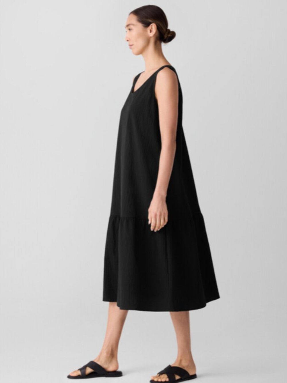 Eileen Fisher Organic Cotton Pucker Tiered Dress Seersucker Black 1X